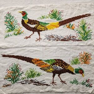 Vintage Pheasant Cross Stitch Panels Set of 2 Handmade Folk Art Cabin Decor Art
